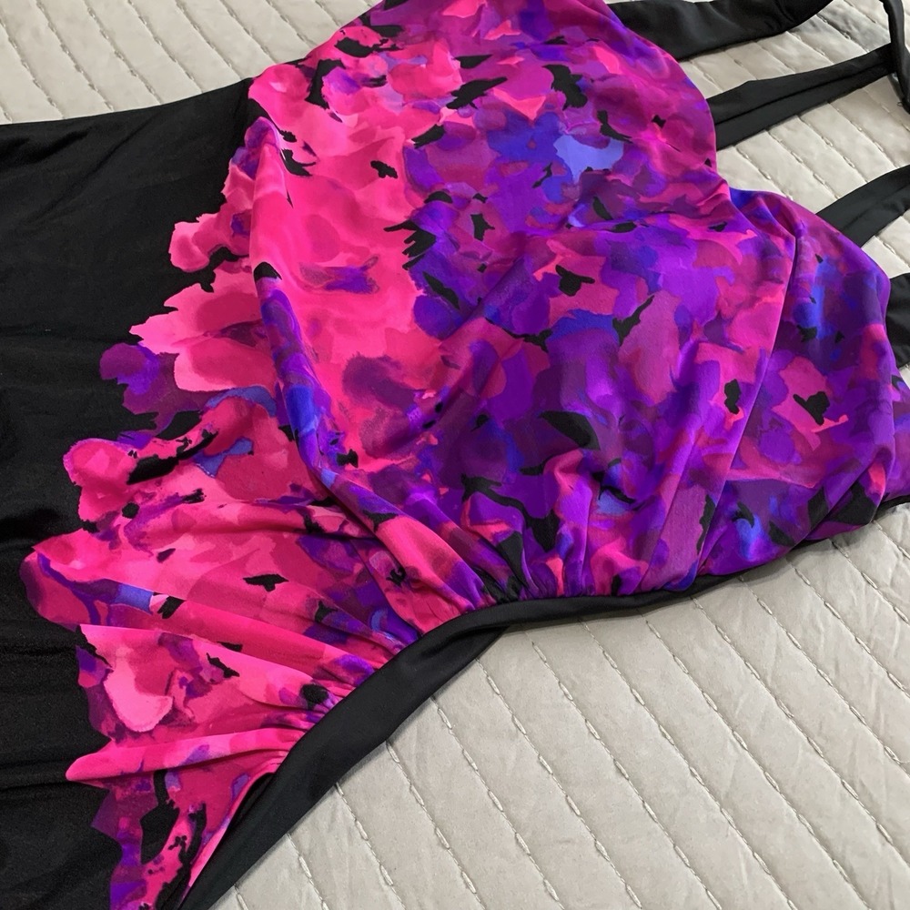 Lands' End Swimsuit 16 DDD Swim Dress Pink Black Floral Slimming Ruched - Picture 4 of 12